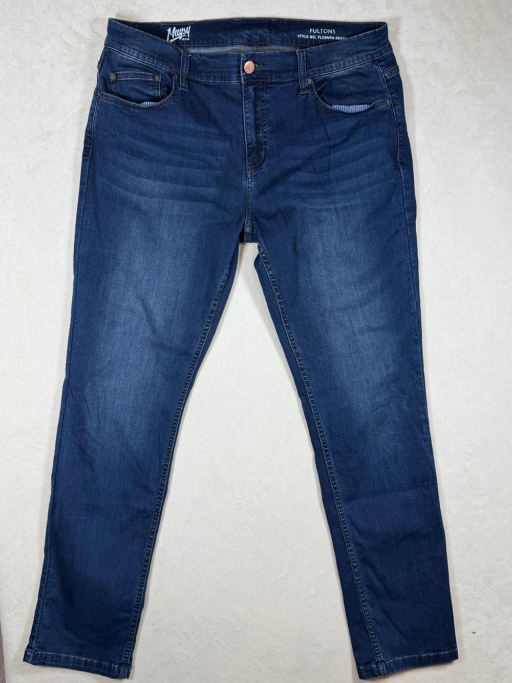 Mugsy Jeans Fultons 36W 32L Men’s Navy Performance Stretch Straight Jeans
